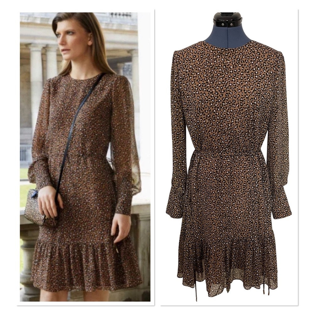 L.K. Bennett London Dakota Leopard Print Long Sheer Sleeve Ruffle Dress Work 12
